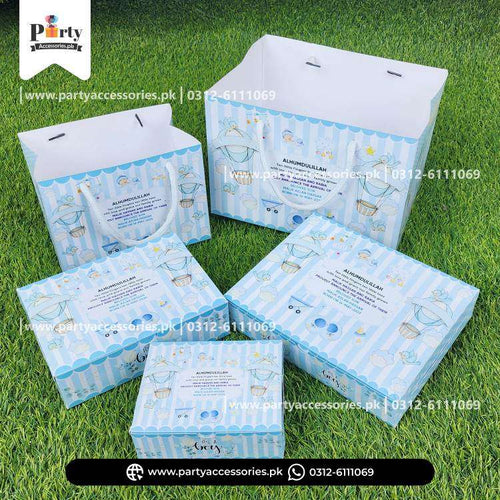 Baby Boy Announcement Sweet Boxes | It's a Boy Decoration | Customized Methai Boxes with Carry Bags | Pack of 6