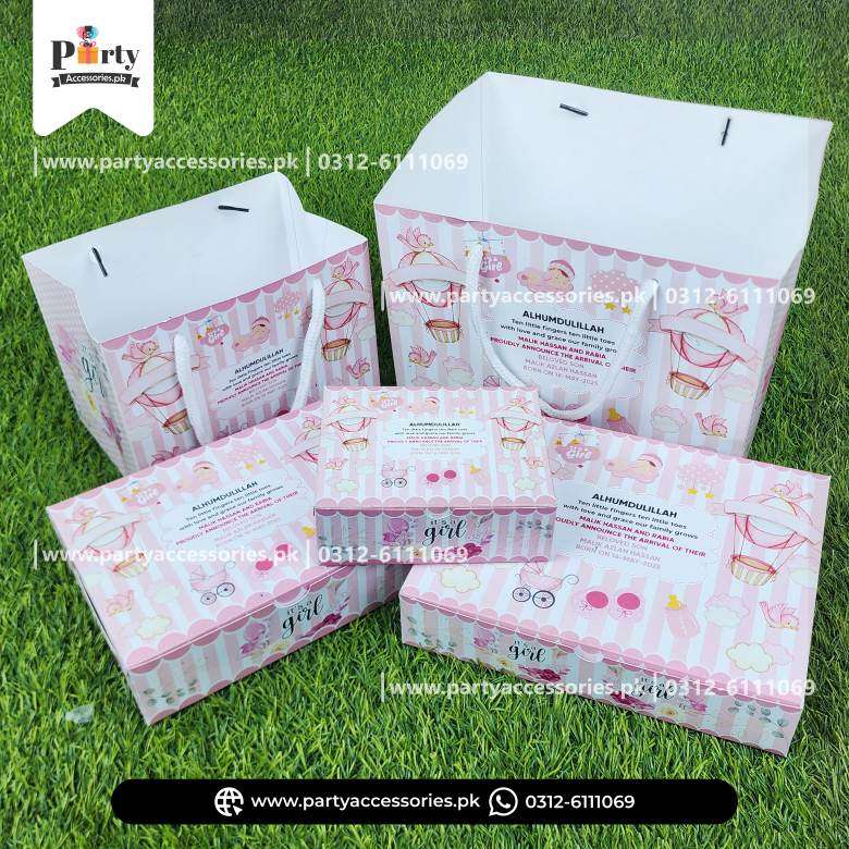 Baby Girl Announcement Sweet Boxes | It's a Girl Decoration | Customized Methai Boxes with Carry Bags | Pack of 6
