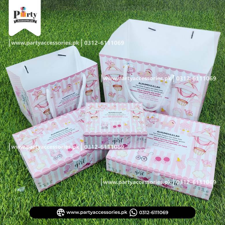 Baby Girl Announcement Sweet Boxes | It's a Girl Decoration | Customized Methai Boxes with Carry Bags | Pack of 6