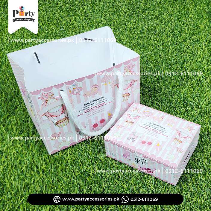 Baby Girl Announcement Sweet Boxes | It's a Girl Decoration | Customized Methai Boxes with Carry Bags | Pack of 6