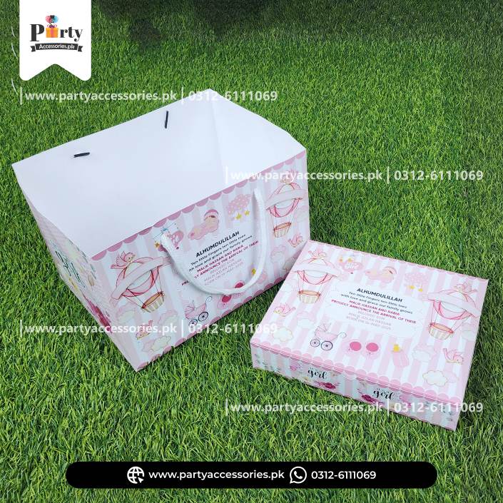 Baby Girl Announcement Sweet Boxes | It's a Girl Decoration | Customized Methai Boxes with Carry Bags | Pack of 6