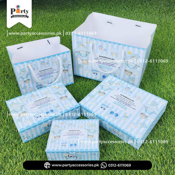 Baby Boy Announcement Sweet Boxes | It's a Boy Decoration | Customized Methai Boxes with Carry Bags | Pack of 6