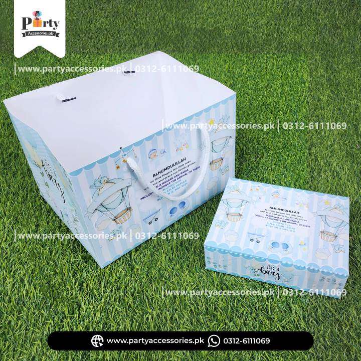 500gm Baby Boy Customized Announcement Sweet Box with Carry Bags