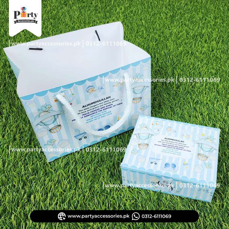 250gm Baby Boy Customized Announcement Sweet Boxes with Carry Bags