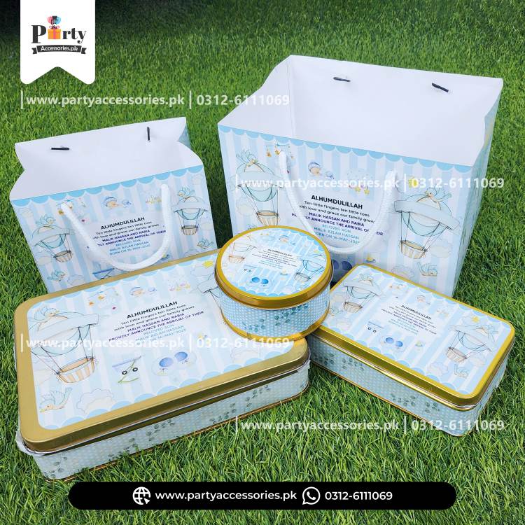 Baby Announcement Sweet Boxes | It's a Boy Methai Boxes | Customized Tin Boxes with Carry Bags | Pack of 6