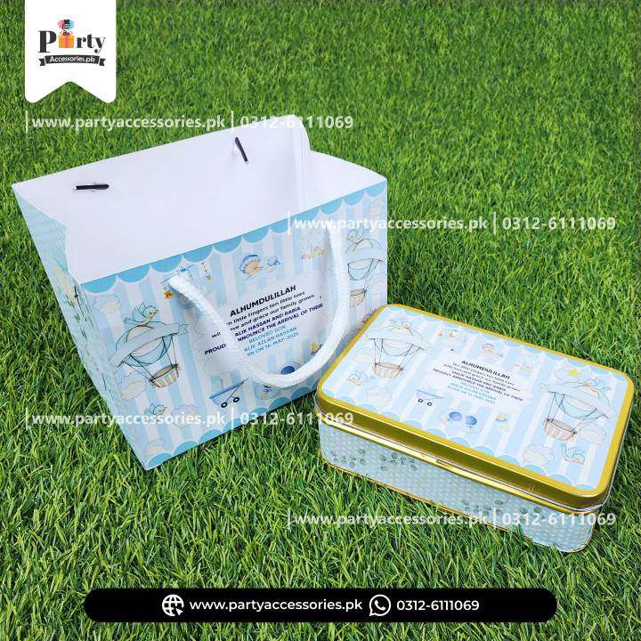 500gm Customized Tin Boxe with Carry Bag Baby Announcement Sweet Boxe | It's a Boy Methai Box 