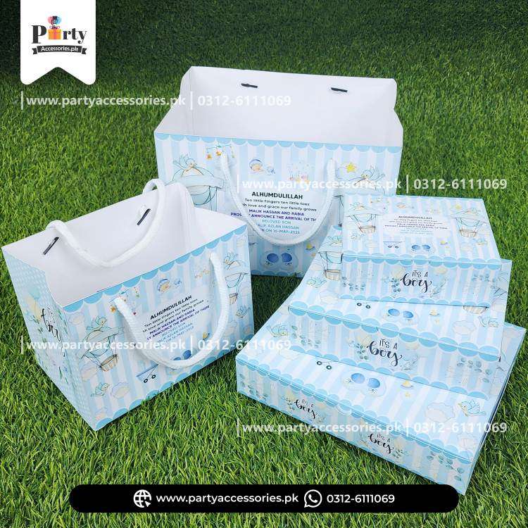 Baby Boy Announcement Sweet Boxes | It's a Boy Decoration | Customized Methai Boxes with Carry Bags