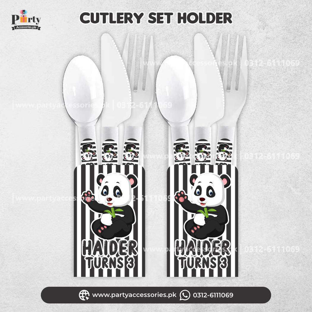 Panda Boy Theme Customized Disposable Cutlery Set with Holder for Birthday Table Decoration