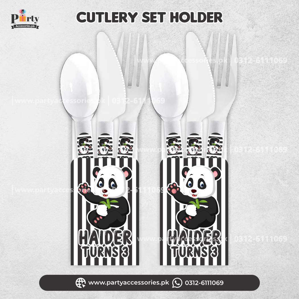 Panda Boy Theme Customized Disposable Cutlery Set with Holder for Birthday Table Decoration