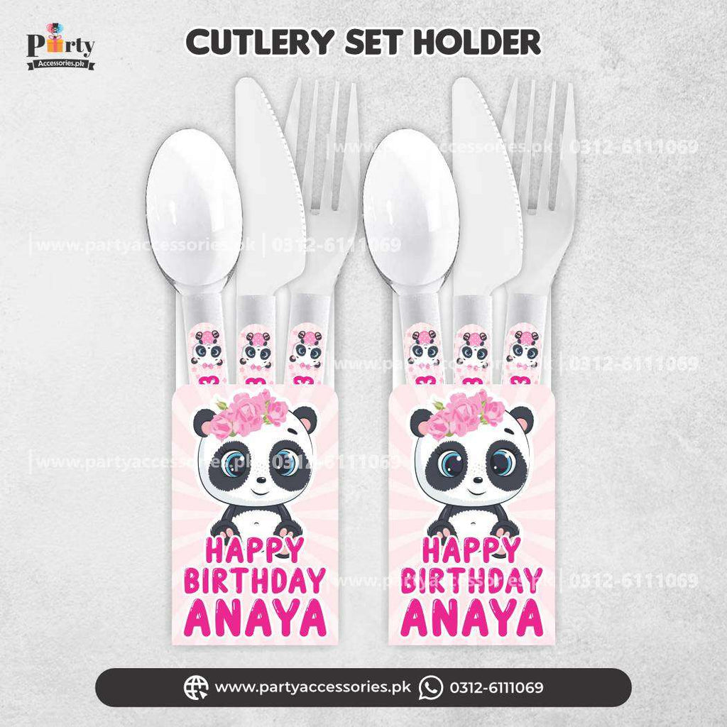 Panda Girl Theme Customized Disposable Cutlery Set with Holders for Birthday Table Decoration