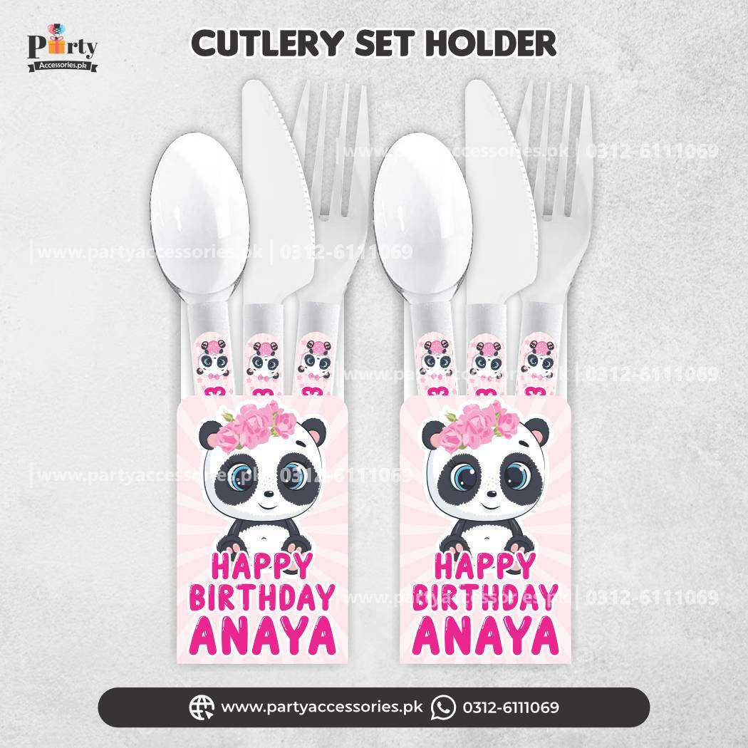 Panda Girl Theme Customized Disposable Cutlery Set with Holders for Birthday Table Decoration