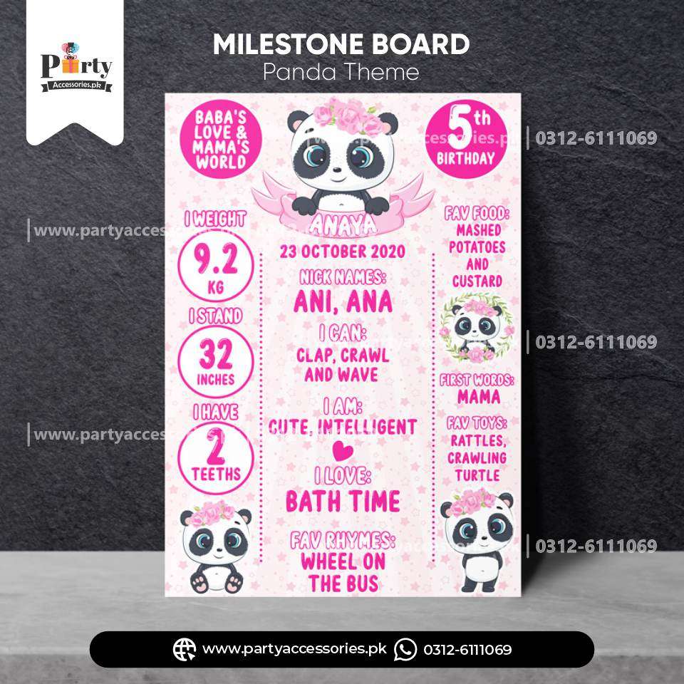 Panda Girl Theme Customized Birthday Fact / Milestone Board for Wall Decoration