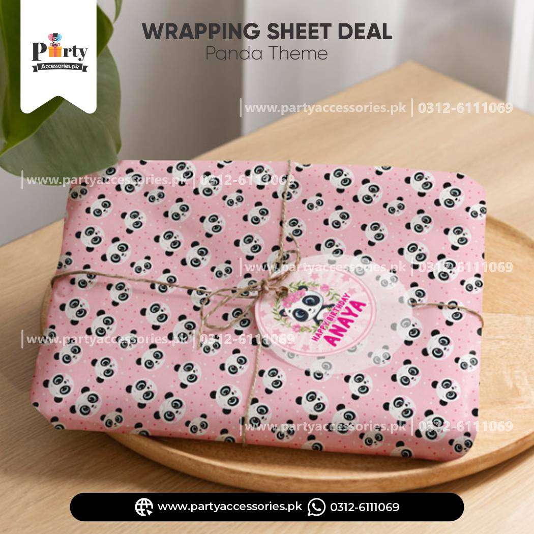 Panda Girl Theme Gift Wrapping Sheets With a Tag and Jute Ribbon for Birthday Gifts Decoration