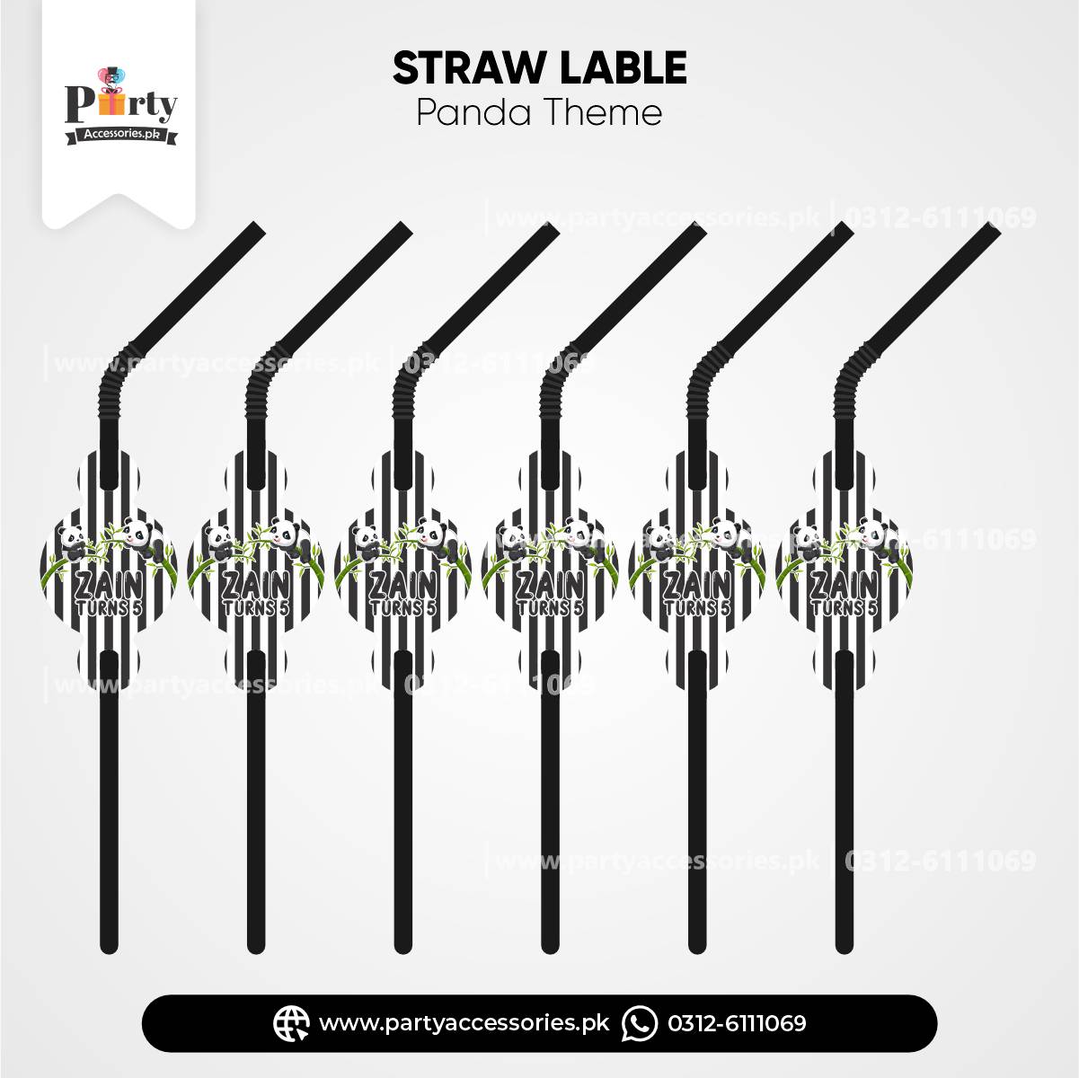 Panda Boy Theme Straws with Custom Labels for Birthday Drink Accessories