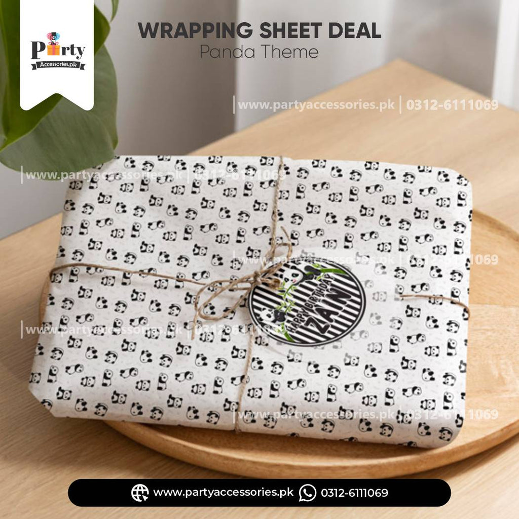 Panda Boy Theme Gift Wrapping Sheets With a Tag and Jute Ribbon for Birthday Gifts Decoration