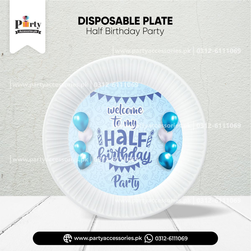 half birthday theme customized plates in blue color for baby boy 