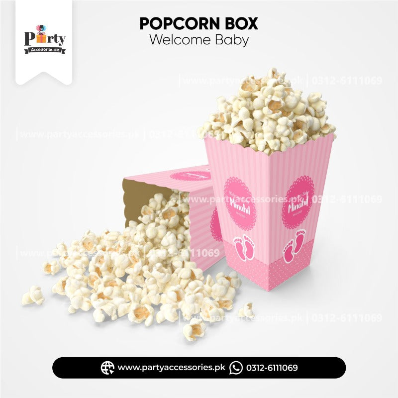 Welcome baby decoration ideas | Customized Popcorn holders in pink