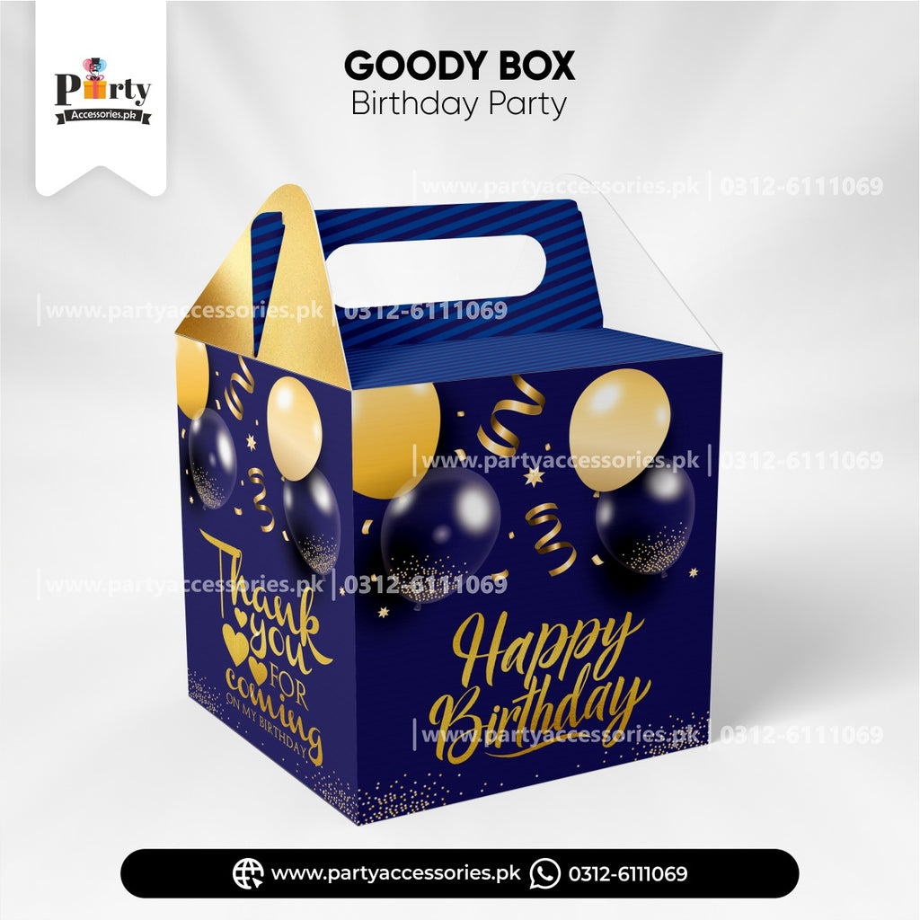 HAPPY BIRTHDAY CUSTOMIZED GOODY BOXES IN NAVY BLUE COLOR 