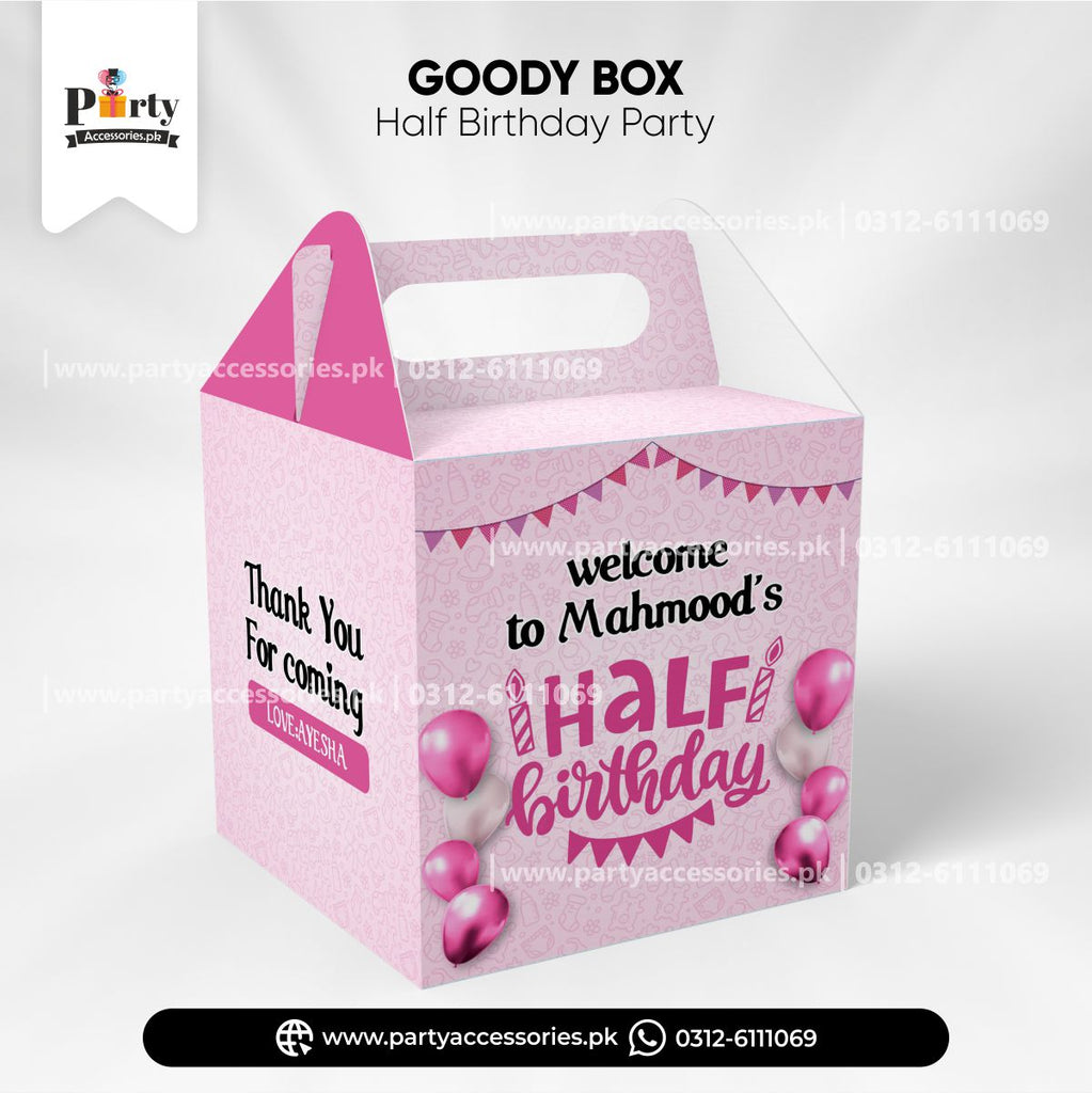 half birthday theme customized favor / goody boxes in pink 