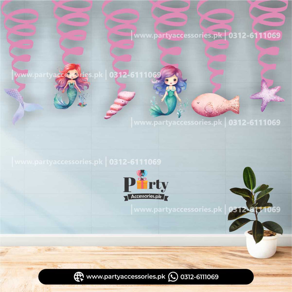 Mermaid Theme Spiral Hanging Swirls for Birthday Party Decorations (Pack of 6)