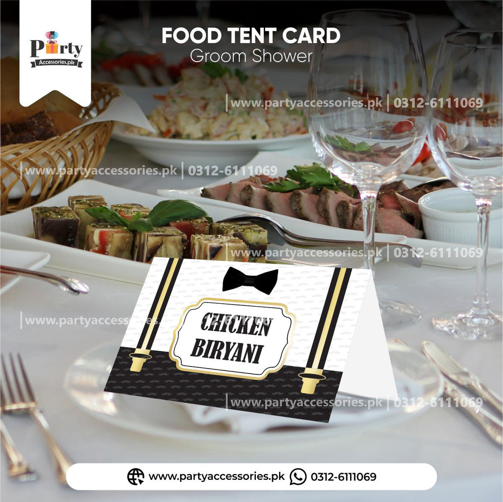 groom shower table tent cards
