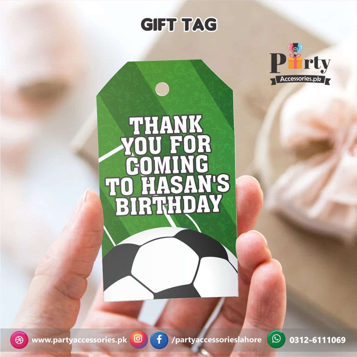 Gift / Thank you tags in Football theme Birthday Party (pack of 6)