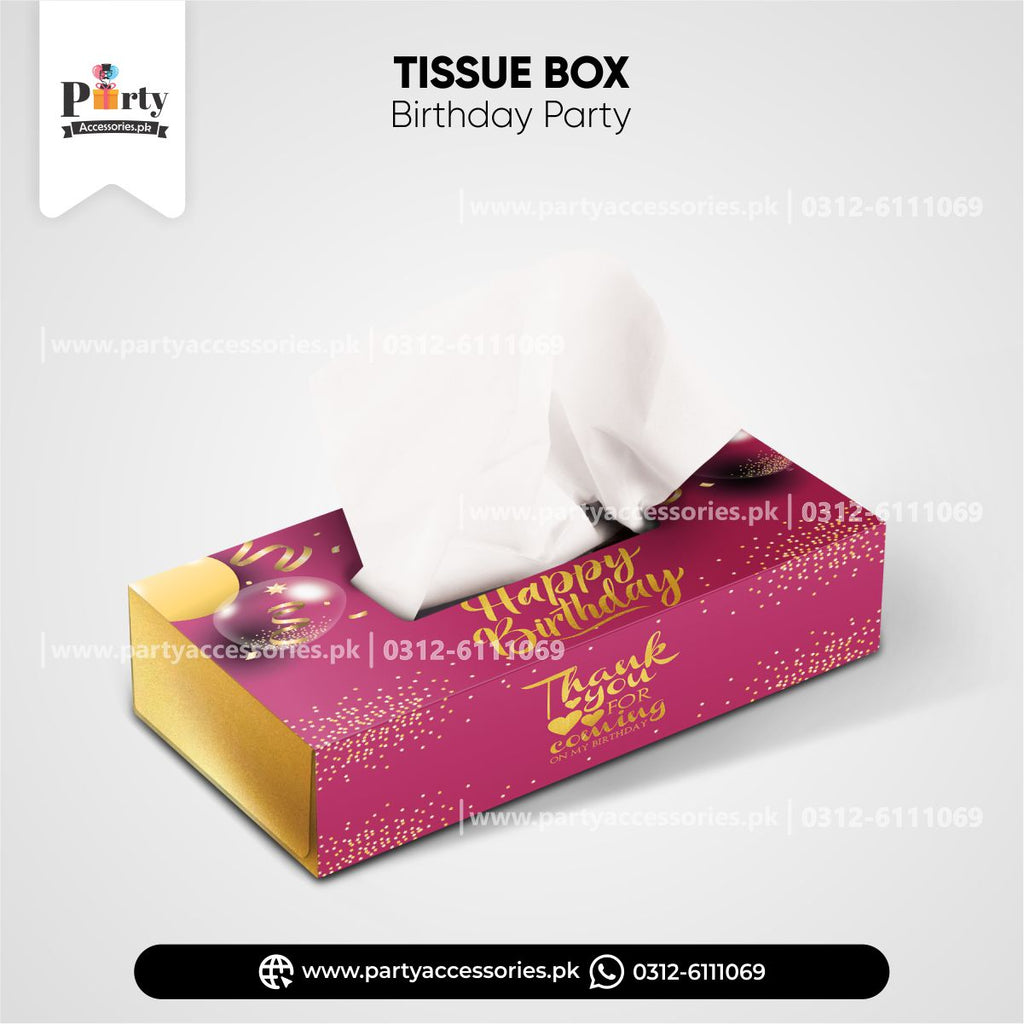happy birthday tissue box in pink color for table decorations 