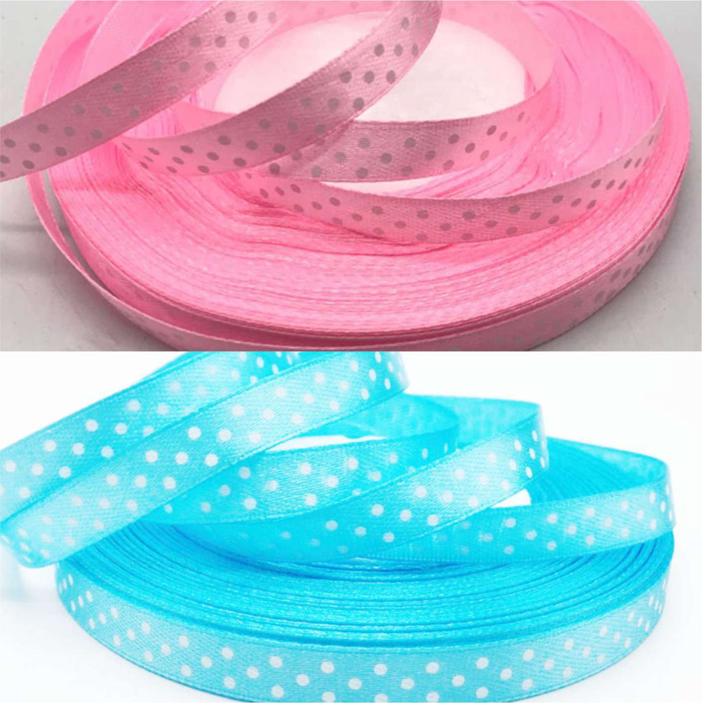 polka dot printed ribbon in pink and blue 