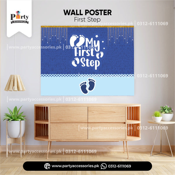 Baby's first step theme decorations | Customized back wall poster in blue