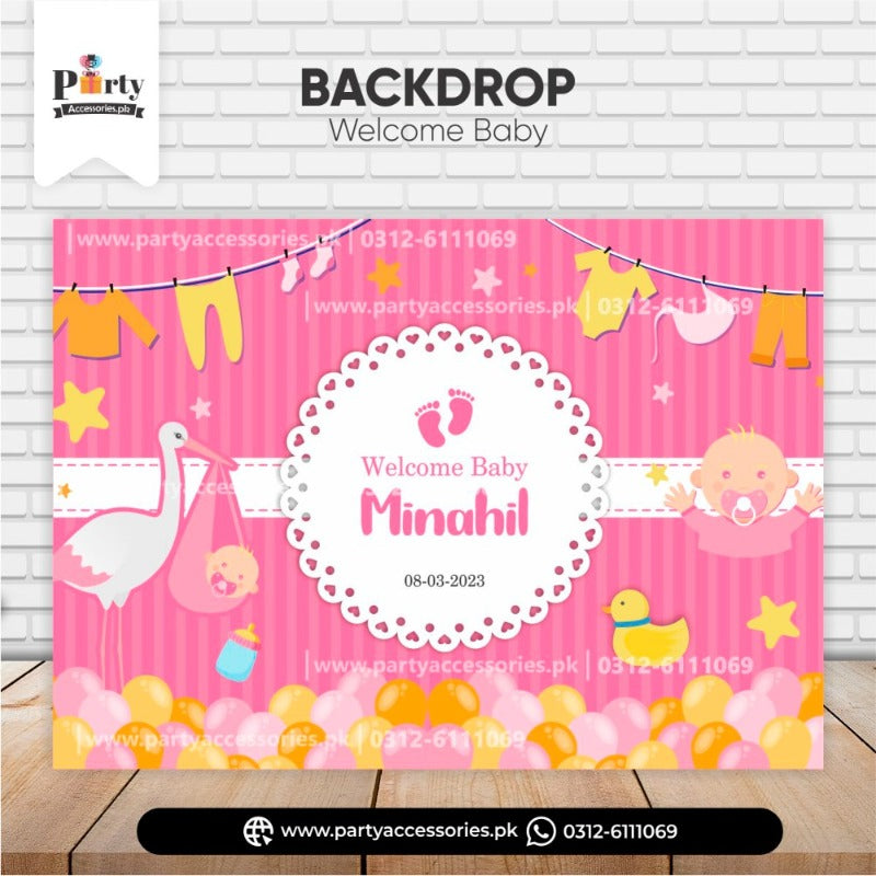 Welcome baby decoration ideas | customized wall backdrop for baby girl