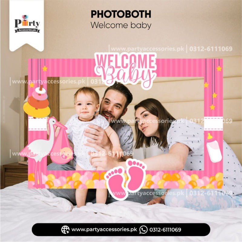 Welcome baby decoration ideas Customized Photo Booth / selfie frame for baby girl