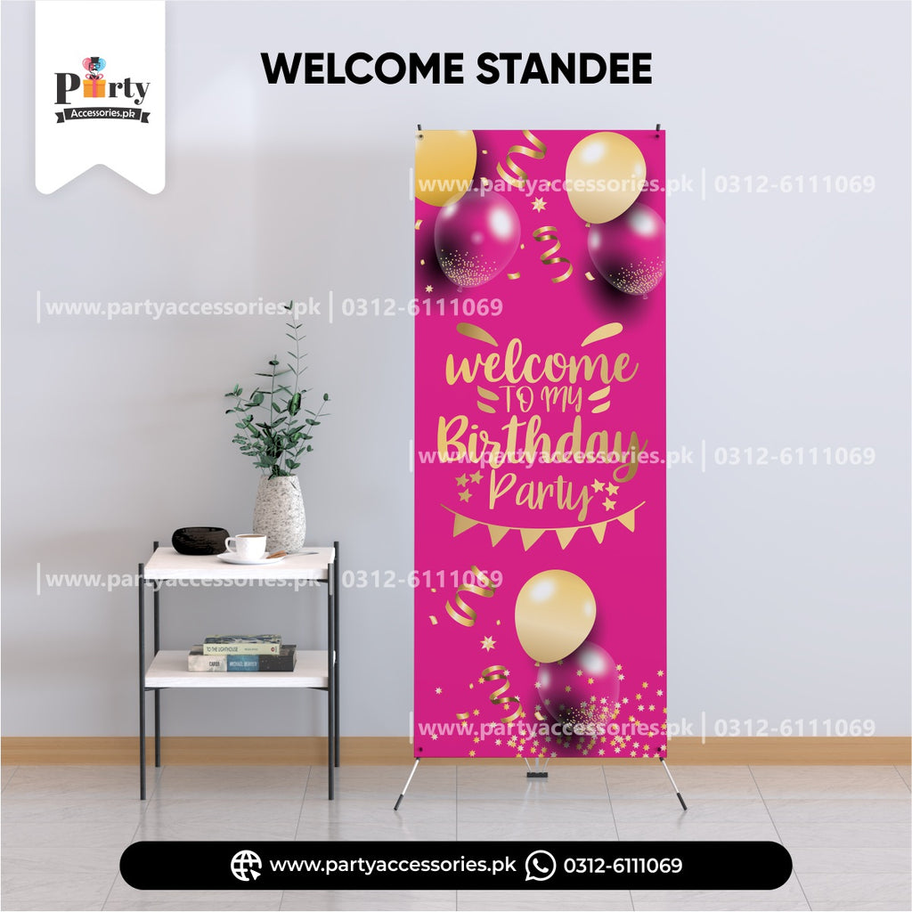 pink color welcome standee for birthday party 