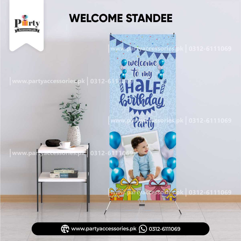 welcome standee in halg birthday theme for baby boy in blue color 