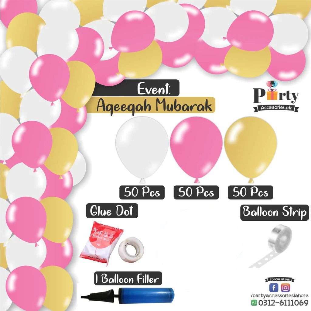 Balloon Arch Set Garland kit 150 balloons in AQEEQA theme colors for GIRL Aqiqa balloon decoration ideas