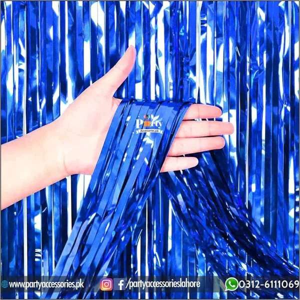 BLUE FOIL CURTAIN FOR BIRTHDAY PARTY 
