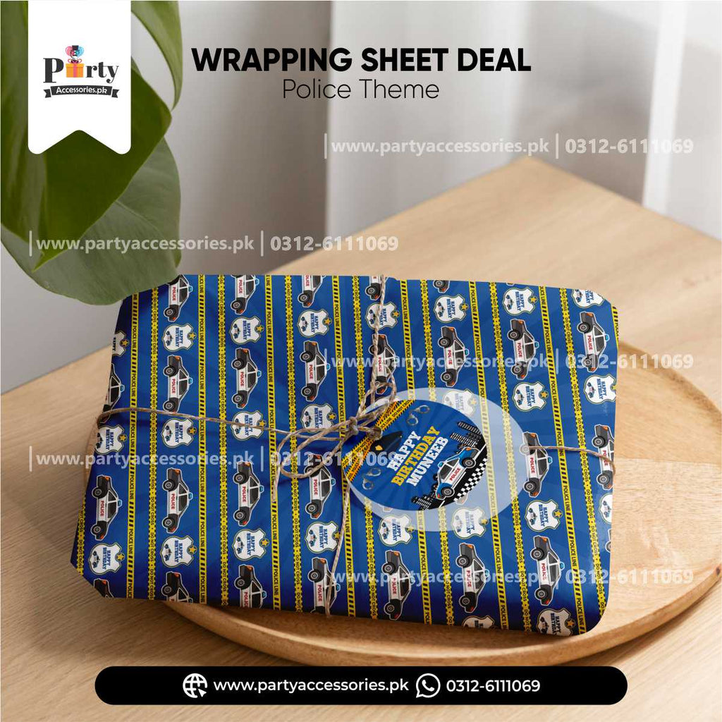 gift wrapping sheet with jute rope and tag in policeman theme birthday party 