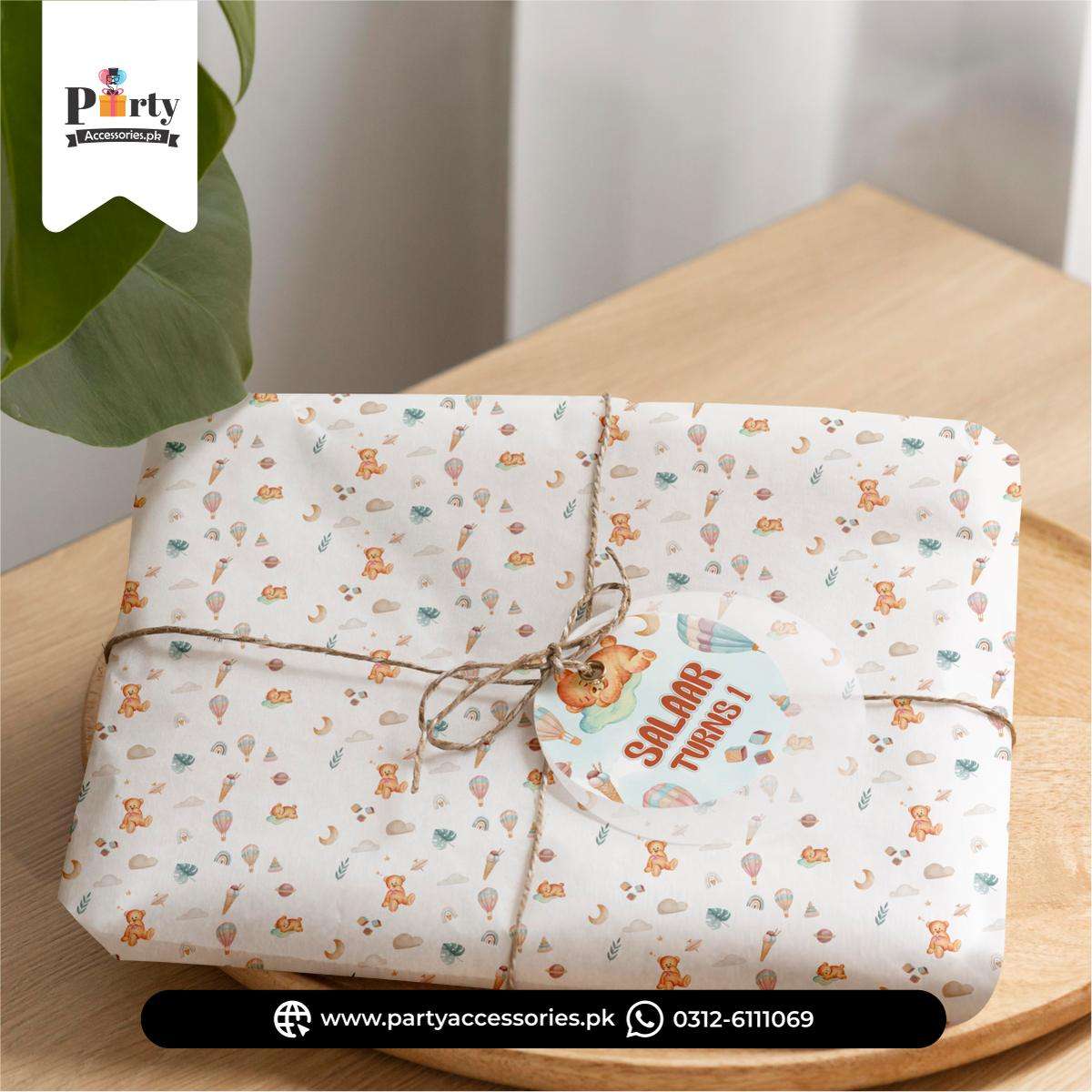Hot Air Balloon Theme Gift Wrapping Sheets With a Tag and Jute Ribbon for Birthday Gifts Decoration