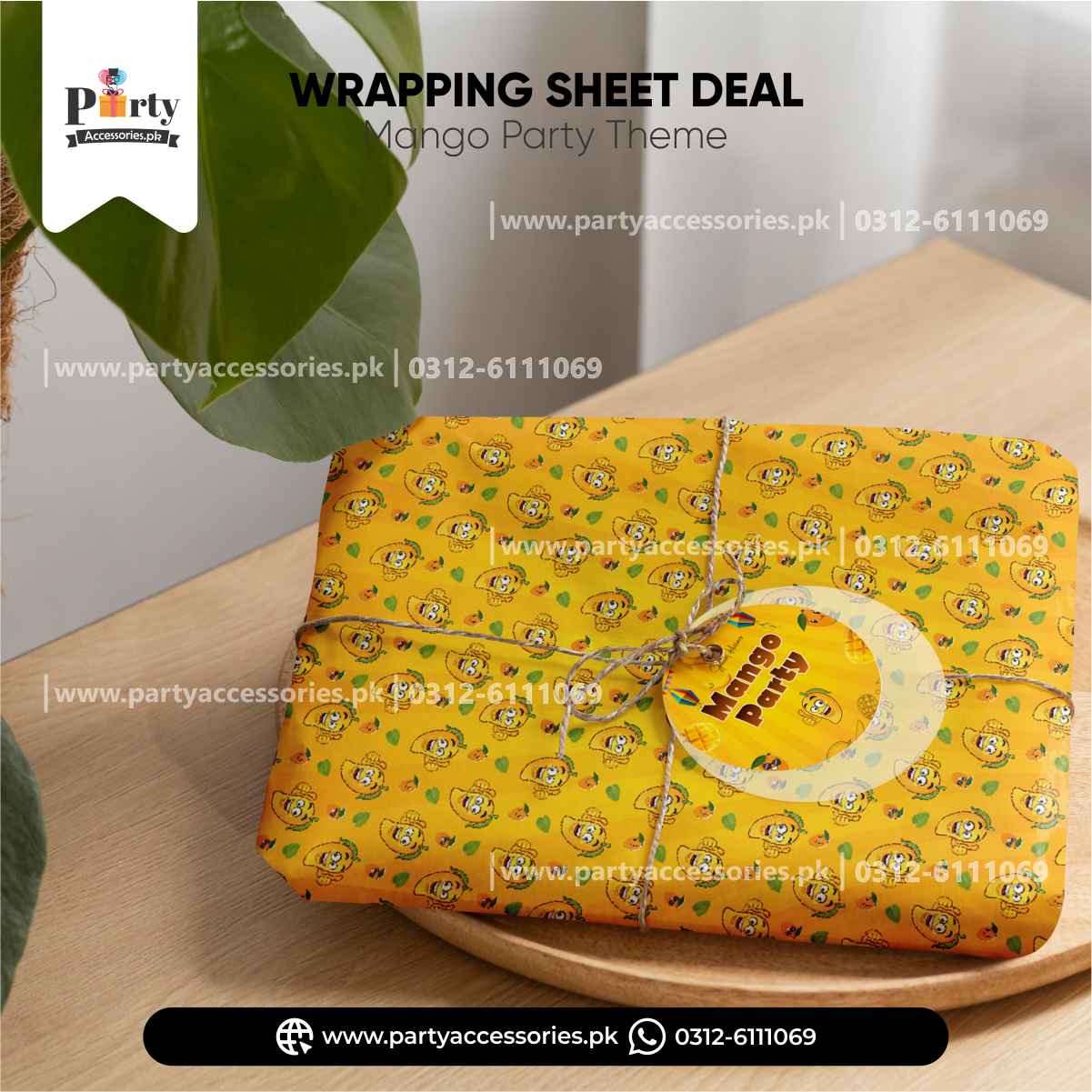 Mango Themed Party Gift Wrapping Sheet with Tag: Bright and Festive Wrap