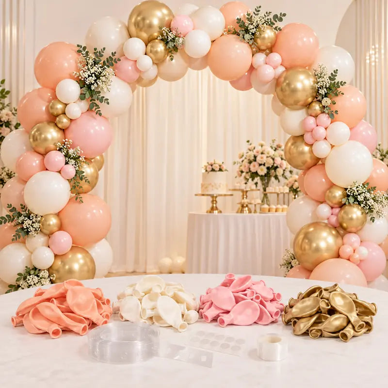Peach, pink, cream and gold balloon arch displayed with balloons, garland strip and glue dots.