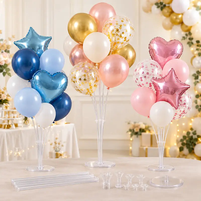 Reusable balloon stands displaying coordinated latex and foil balloon arrangements.