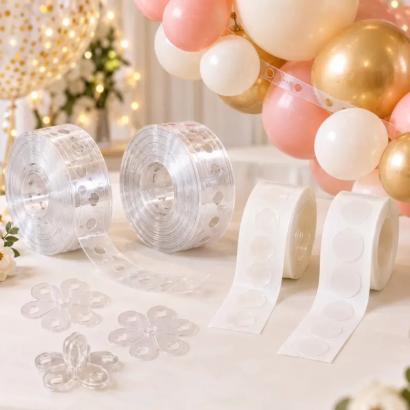 balloon garland strips, glue dots and connectors displayed beside a balloon arch.