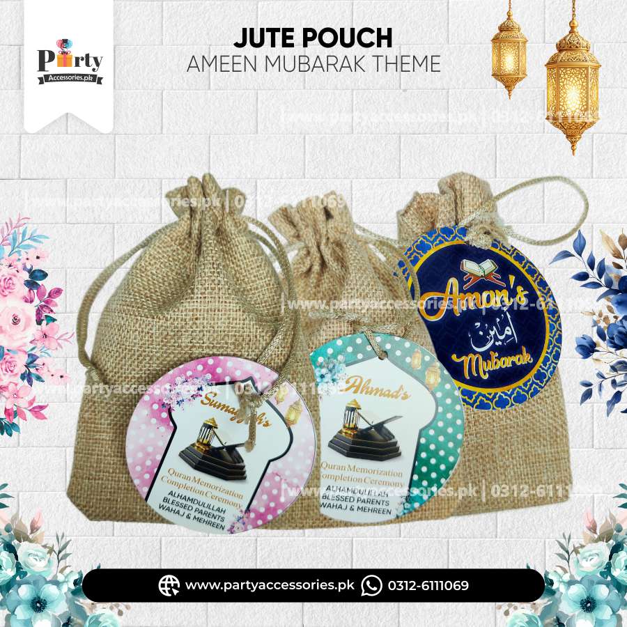 Ameen Mubarak Bid Boxes | Jute Bid Pouches with Customized Round Tags | Pack of 12