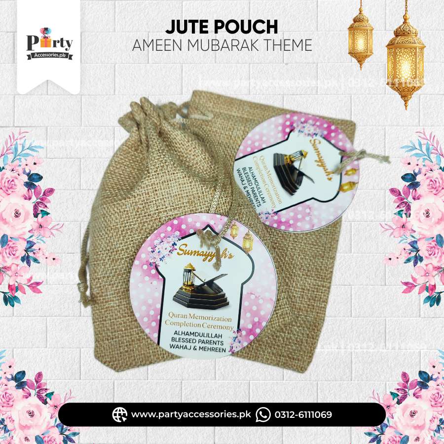 Ameen Mubarak Jute Bid Pouches with Customized Round Tags
