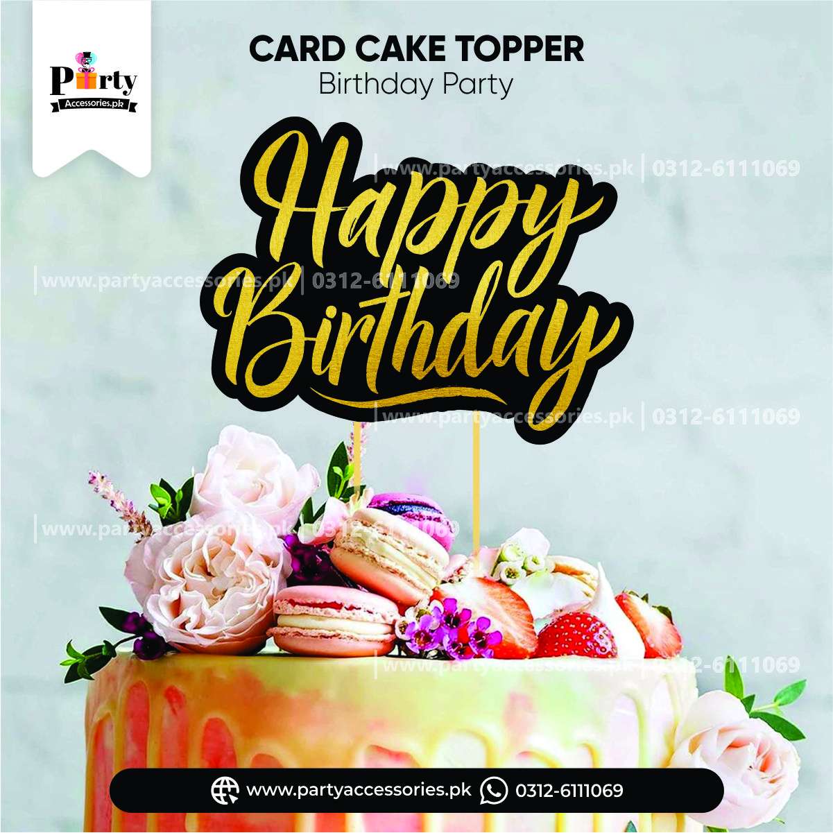 happy birthday card cake topper in black theme colors 
