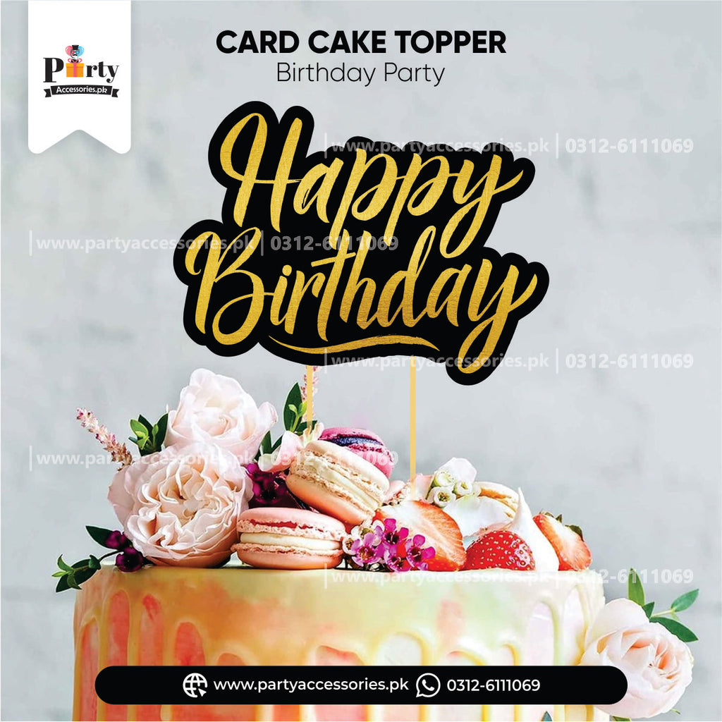happy birthday card cake topper in black theme colors 