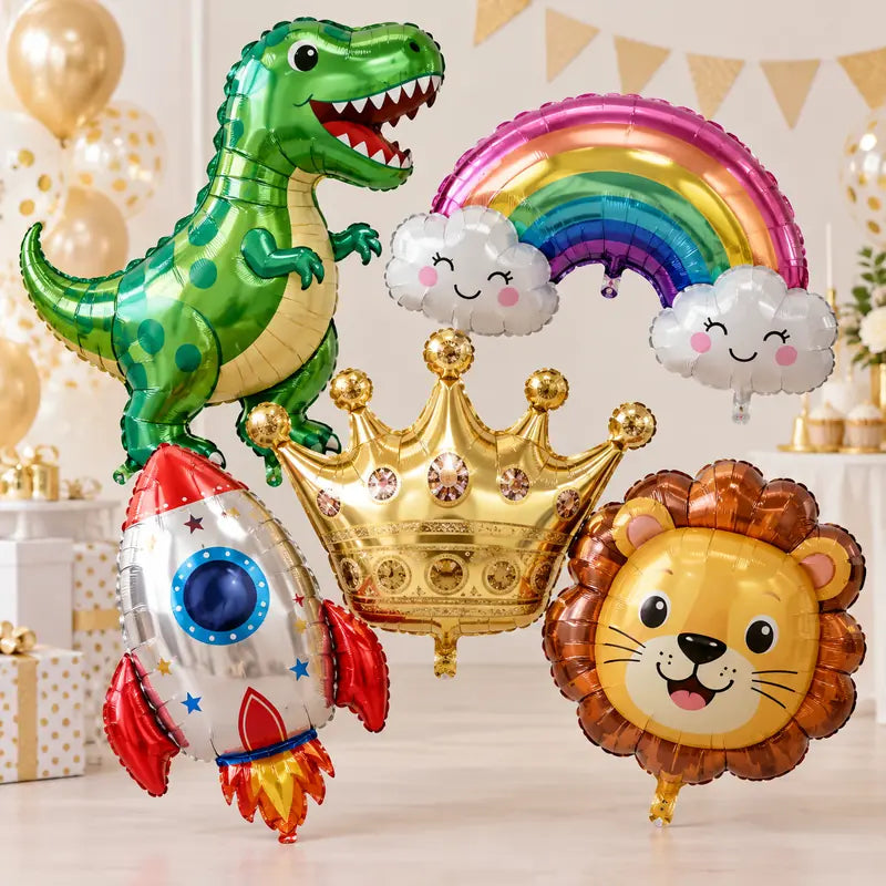 Metallic star and heart foil balloons arranged as a colorful party bouquet.