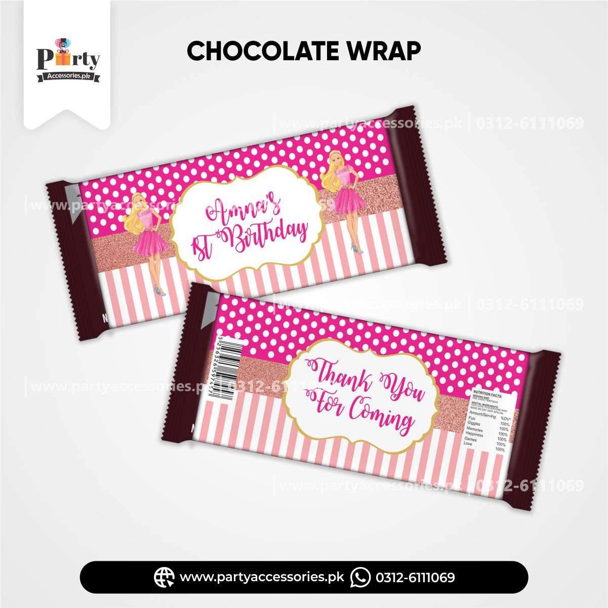 Barbie doll theme birthday Customized chocolate wraps Daraz decoration ideas 