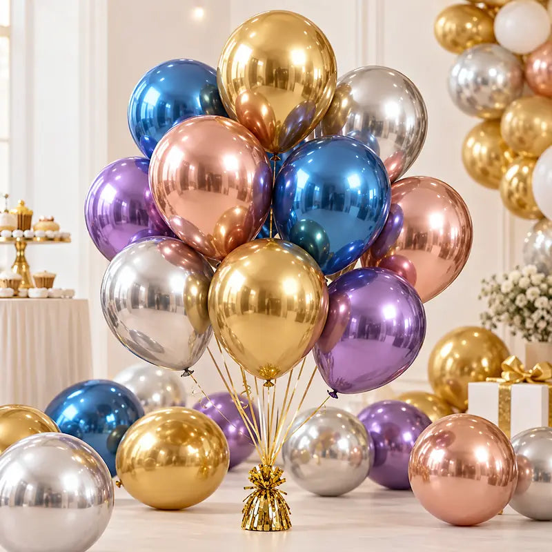 Reflective gold, silver, rose gold, blue and purple chrome balloons arranged for a celebration.