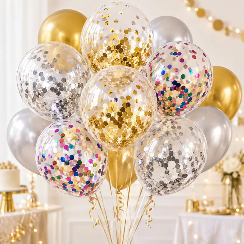 Clear balloons filled with gold, silver and multicolored confetti in a festive arrangement.