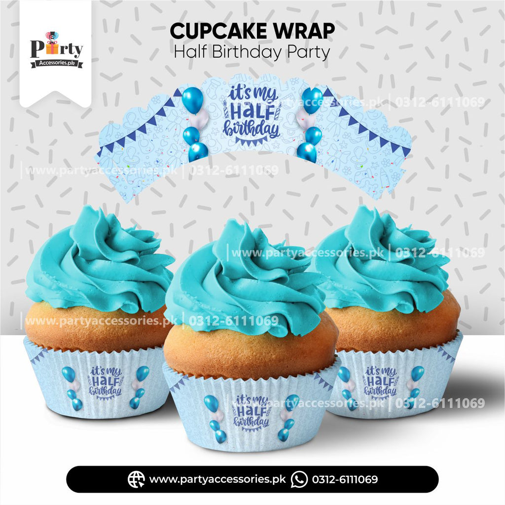 Half birthday theme customized | Cupcake wraps in blue (8 pcs)